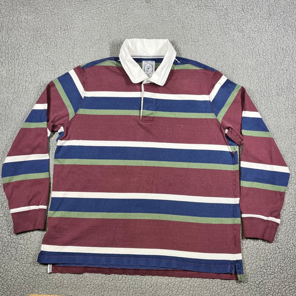 VINTAGE Lands End Mens XL Rugby Shirt Long Sleeve Striped Polo Burgundy Navy